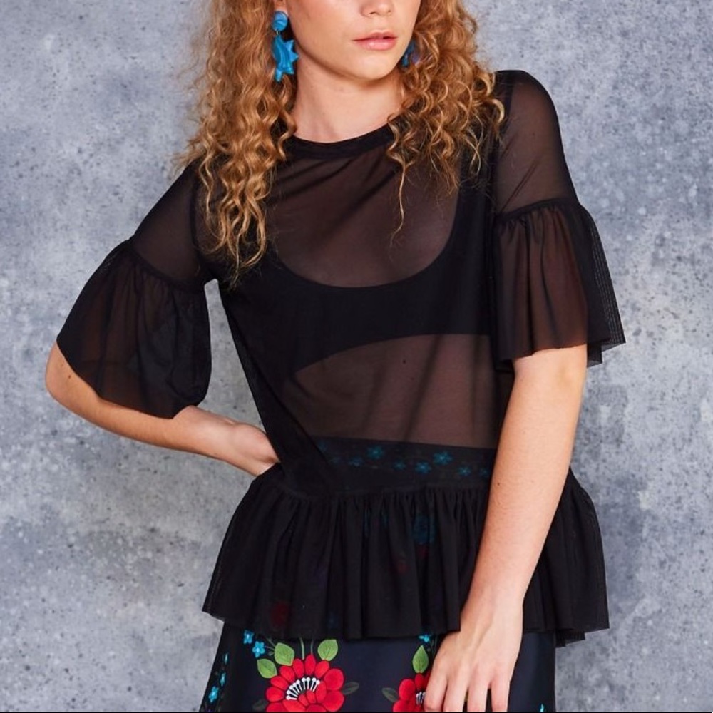 Rare Blackmilk Sheer Ruffle Frill Black Top Blouse